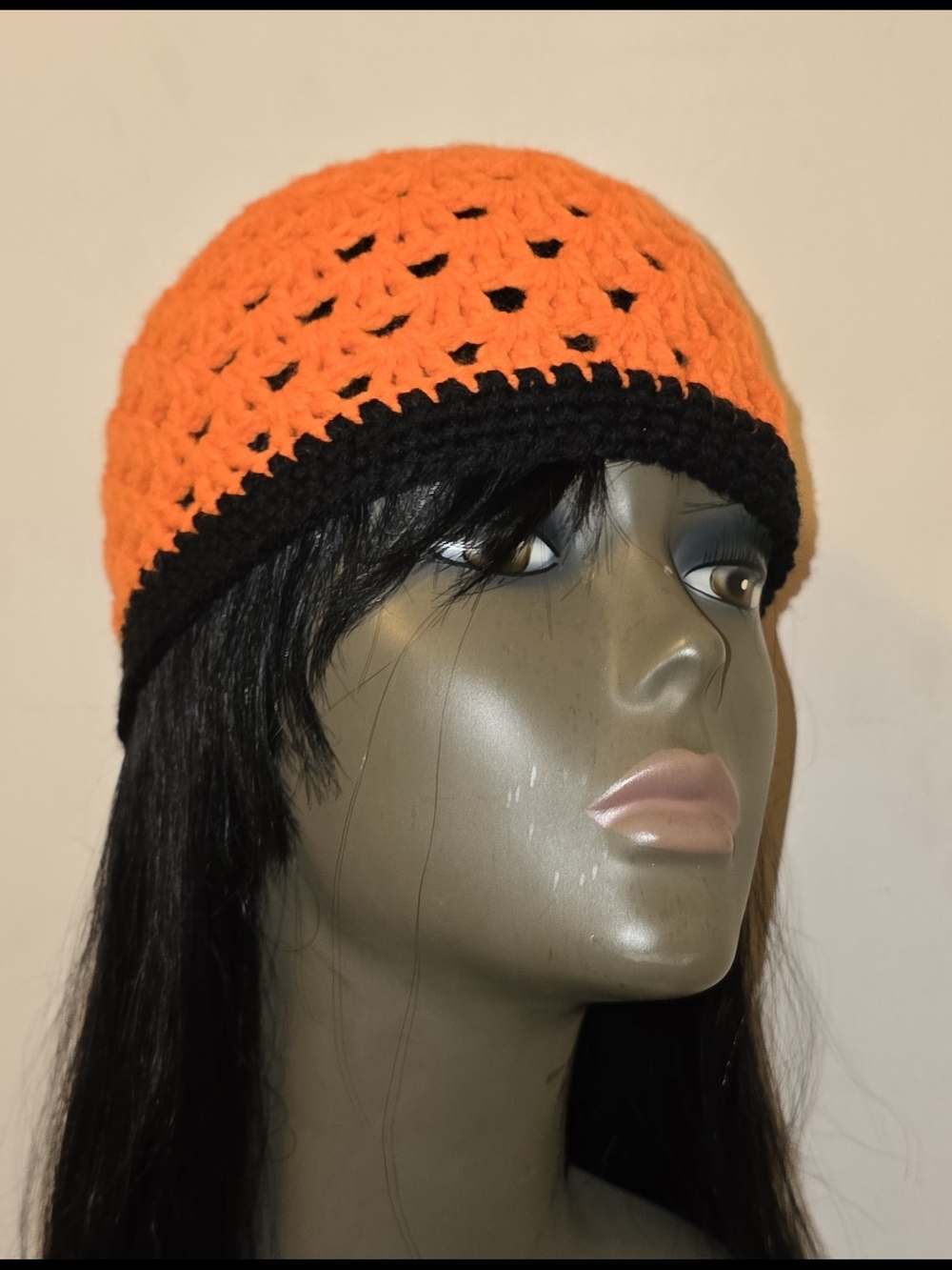 Women's Two-Tone Orange and Black Crochet Beanie
